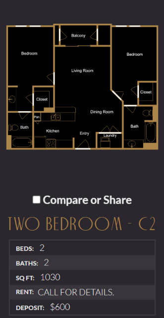 Floor plan for 2 beds, 2 baths, 1030 sqft